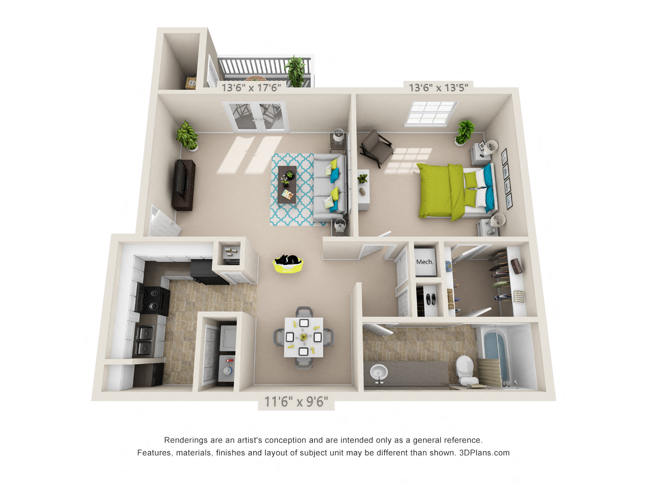 Floor plan for 1 bed, 1 bath, 856 sqft